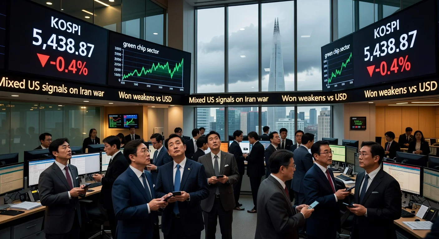 Seoul stock traders watch KOSPI dip amid mixed Iran war signals and currency weakness.