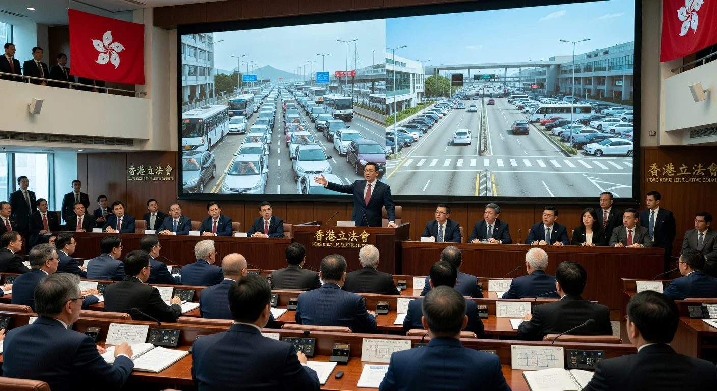 Hong Kong lawmakers in session voicing concerns over Huanggang checkpoint parking shortage, with Secretary Tang presenting solutions.