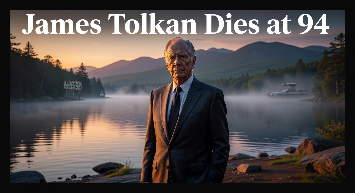 Realistic illustration commemorating James Tolkan's passing at 94, featuring him as Vice Principal Strickland with Lake Placid scenery and 'Back to the Future' nods.