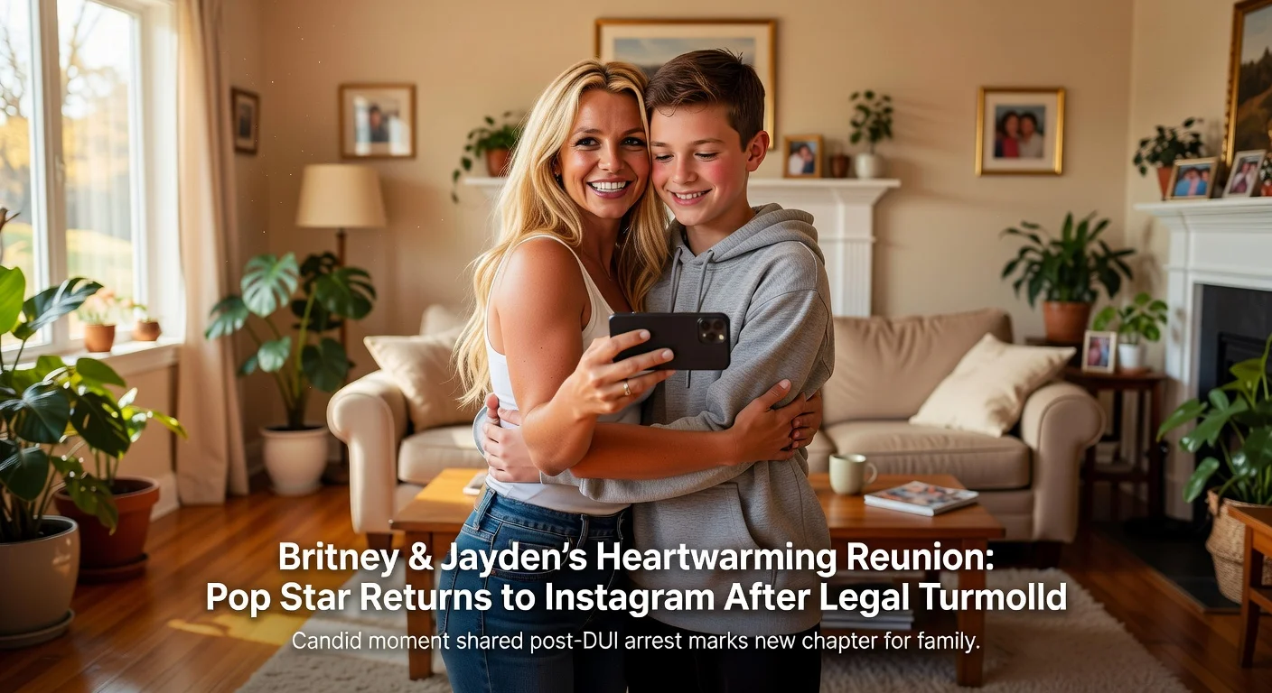Britney Spears happily filming an Instagram video with her son Jayden James Federline in a cozy home setting.