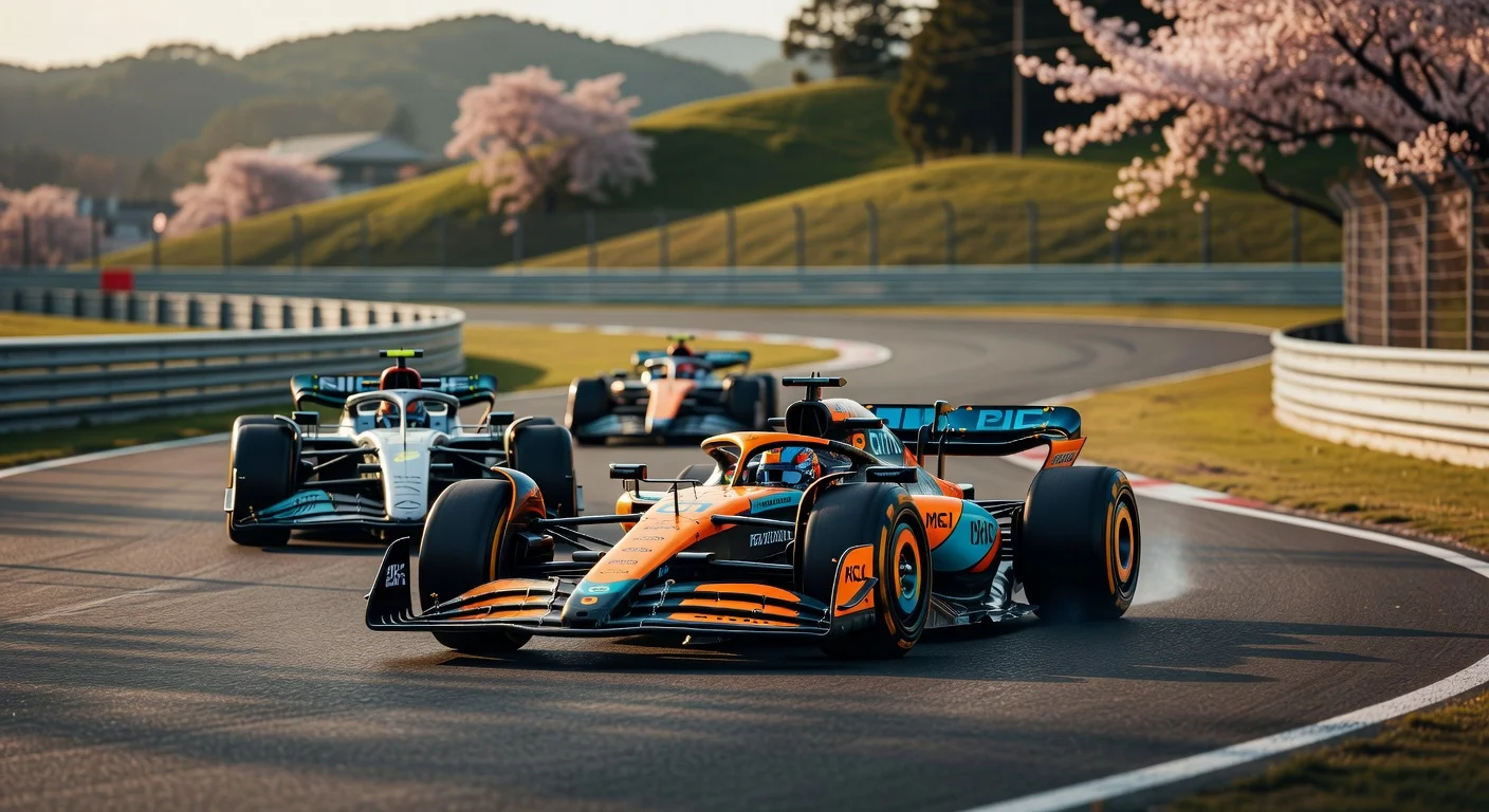 Oscar Piastri's McLaren leads FP2 at Suzuka's Esses, with Mercedes cars close behind, illustrating McLaren's qualifying edge and Mercedes' long-run strength.