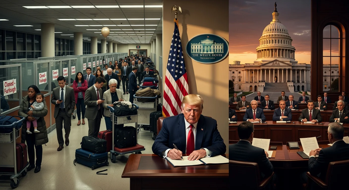 Illustration of government shutdown impacts: long airport lines from unpaid TSA workers, Congress divided on DHS bill, Trump signing pay order.