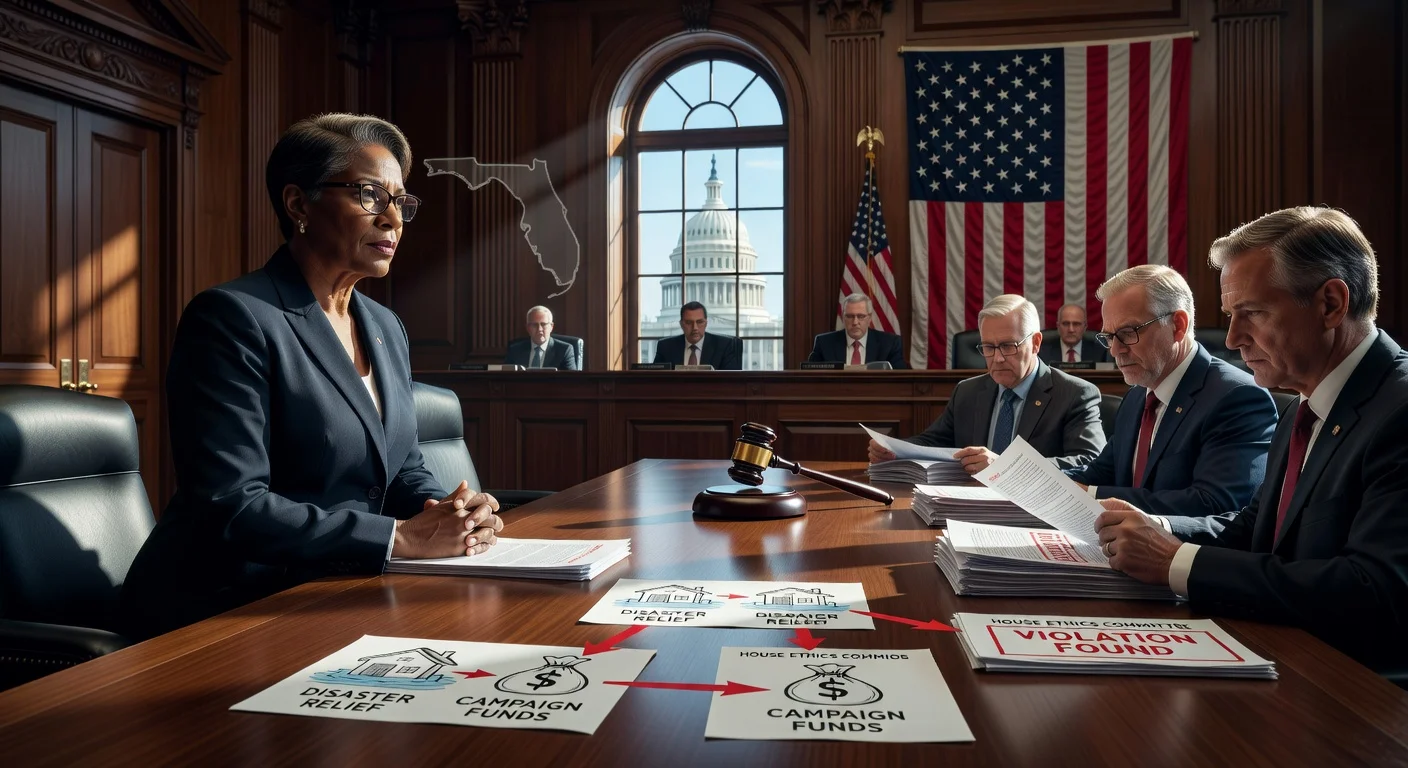 Illustration of Rep. Sheila Cherfilus-McCormick facing House Ethics Committee after ethics violations finding.