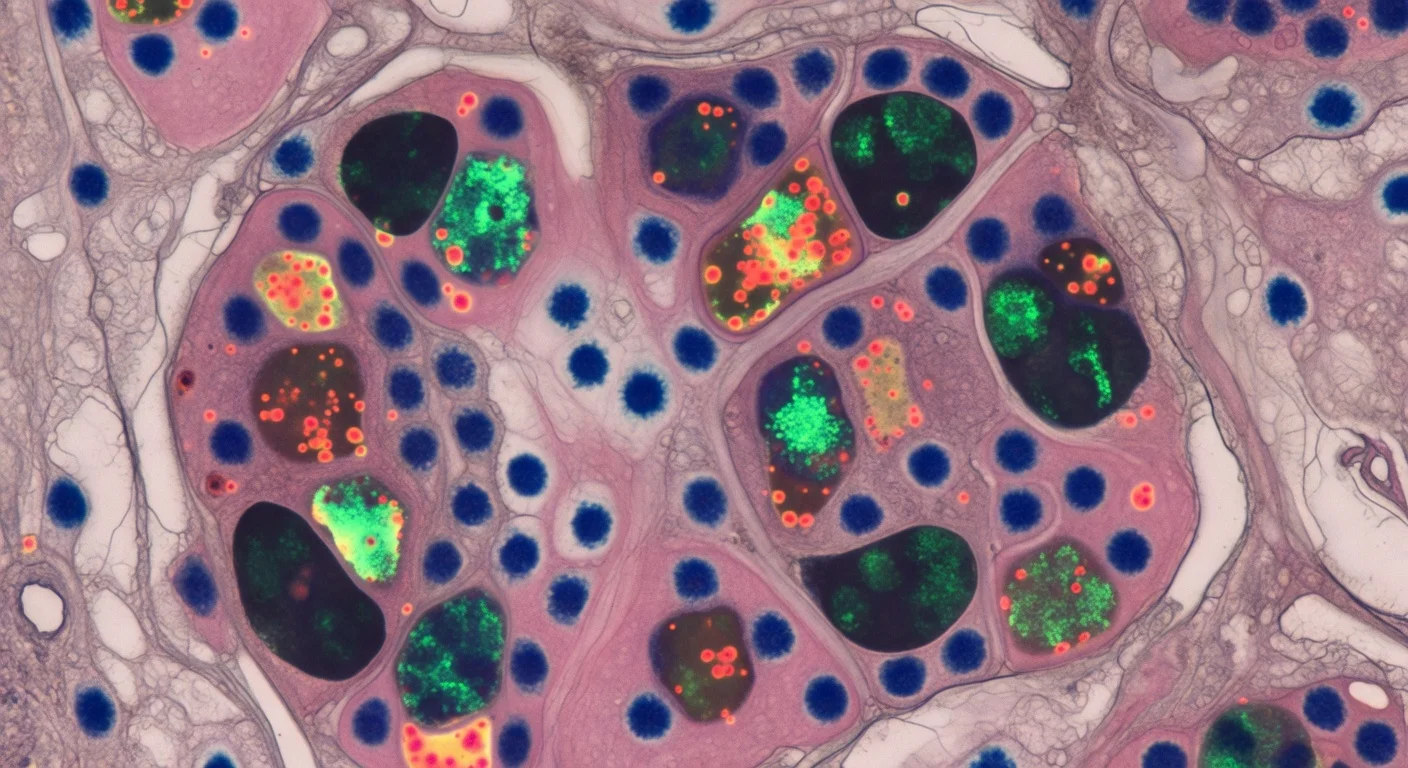 Fluorescence micrograph illustrating uneven PARP inhibitor accumulation in lysosomes of ovarian tumor cells, creating patchy drug exposure.