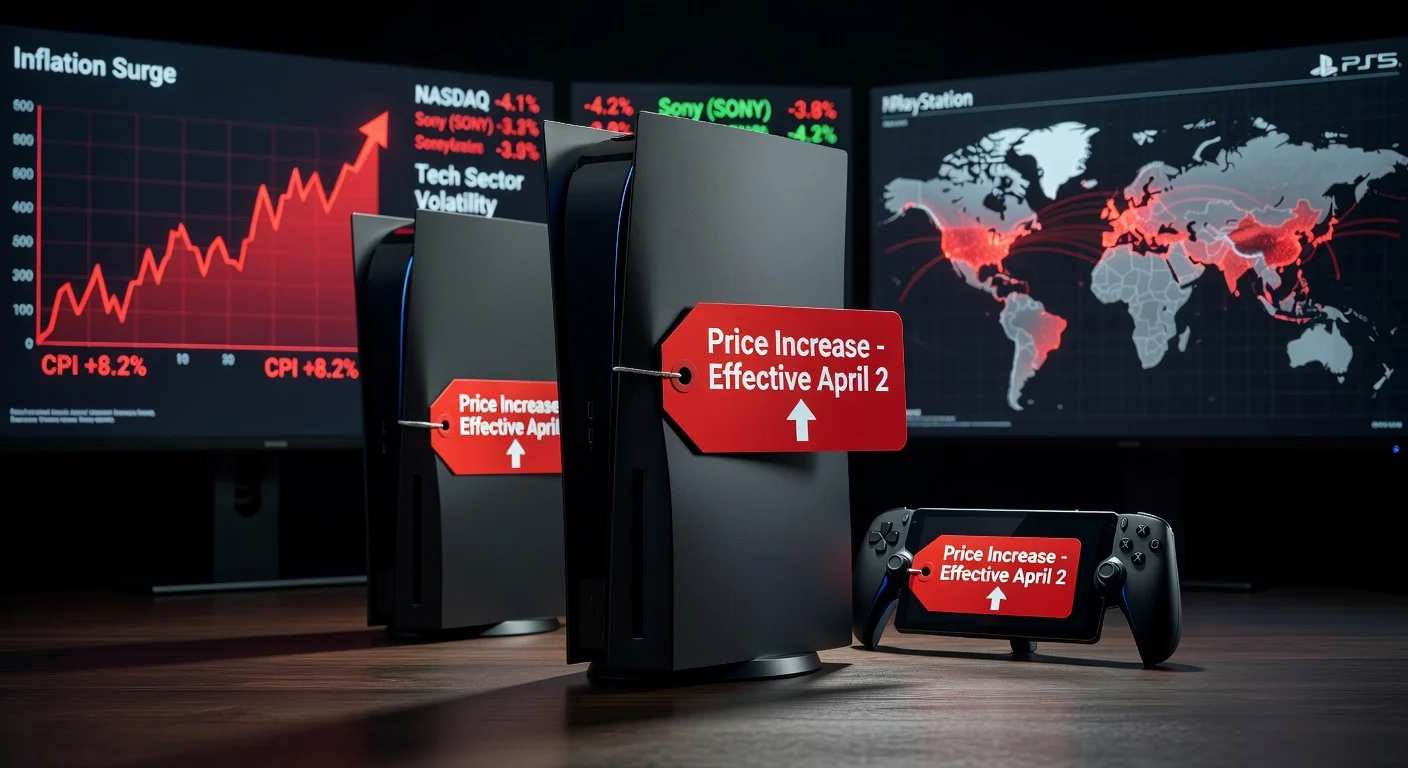 Realistic illustration of PlayStation 5 console with price increase tag, economic graphs, and world map, illustrating Sony's PS5 price hike announcement.