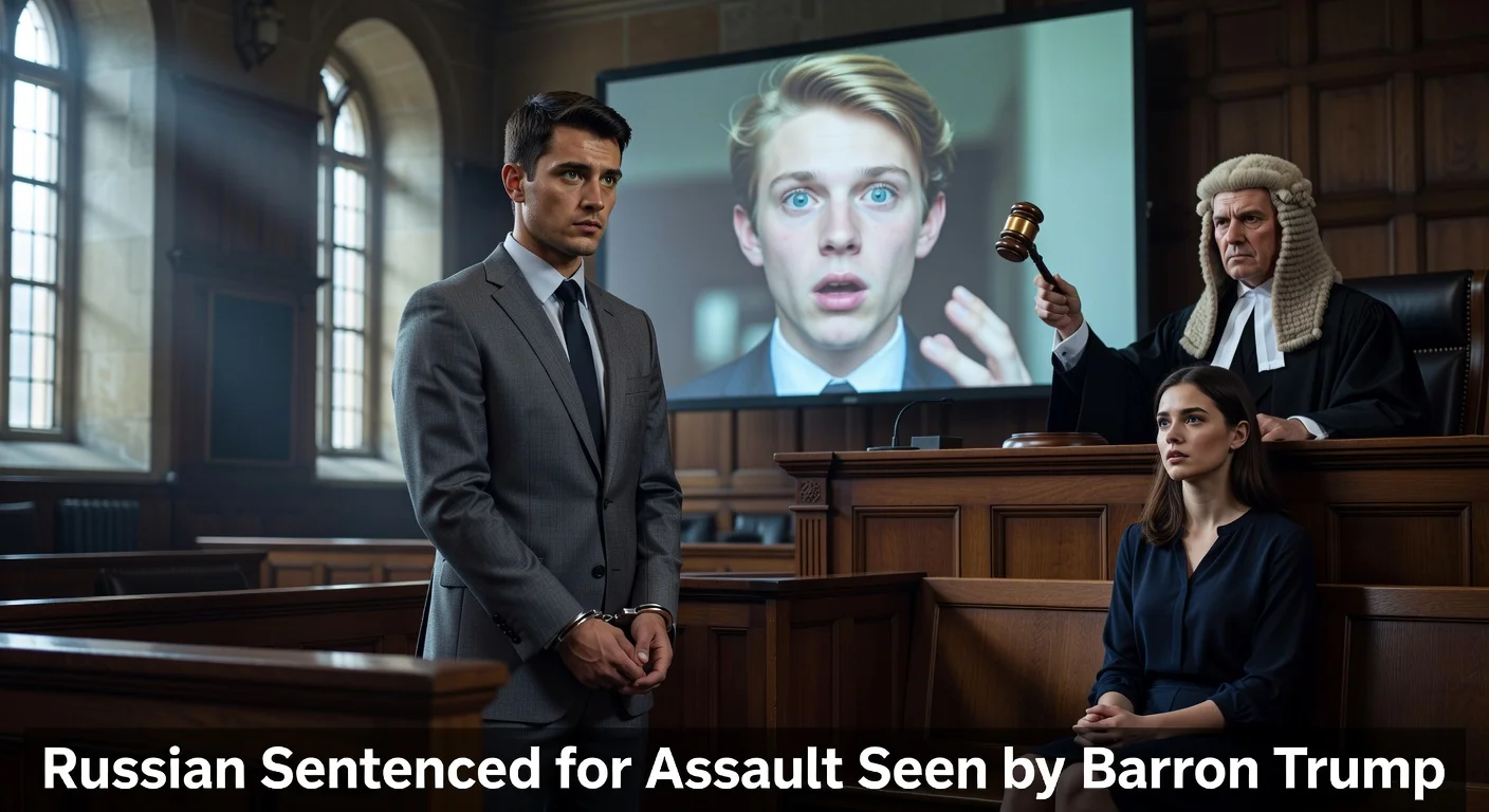 Courtroom illustration depicting Russian man sentenced for assault witnessed by Barron Trump on video call.