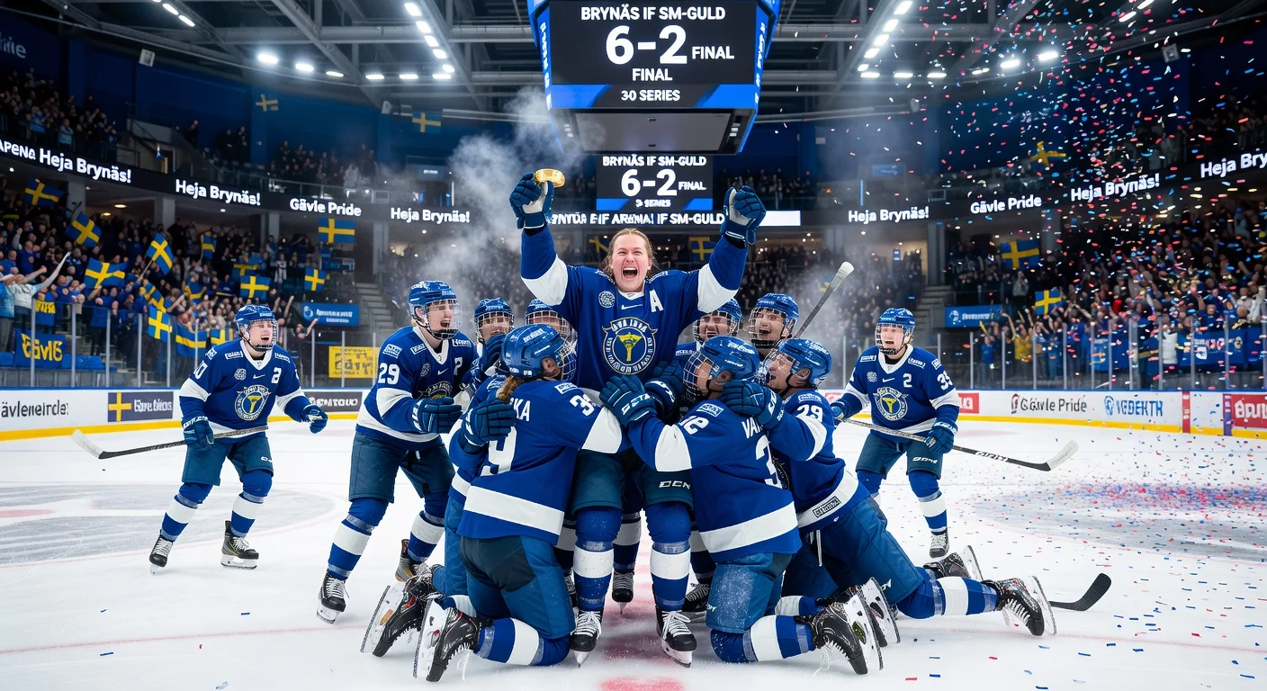 Brynäs IF women's team celebrates historic first SM gold medal after 6-2 final win.