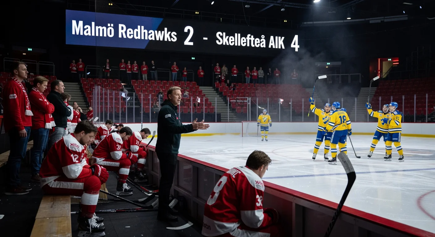 Dejected Malmö Redhawks hockey players on the bench after 2-4 quarterfinal loss to Skellefteå, coach encouraging team, scoreboard visible.