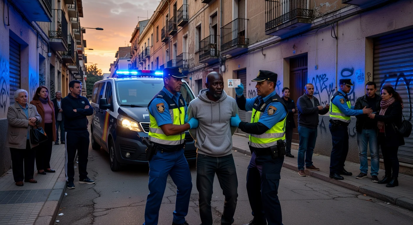 Police detaining ex-deputy Serigne Mbaye in south Madrid street after resisting identification, with neighbors involved.