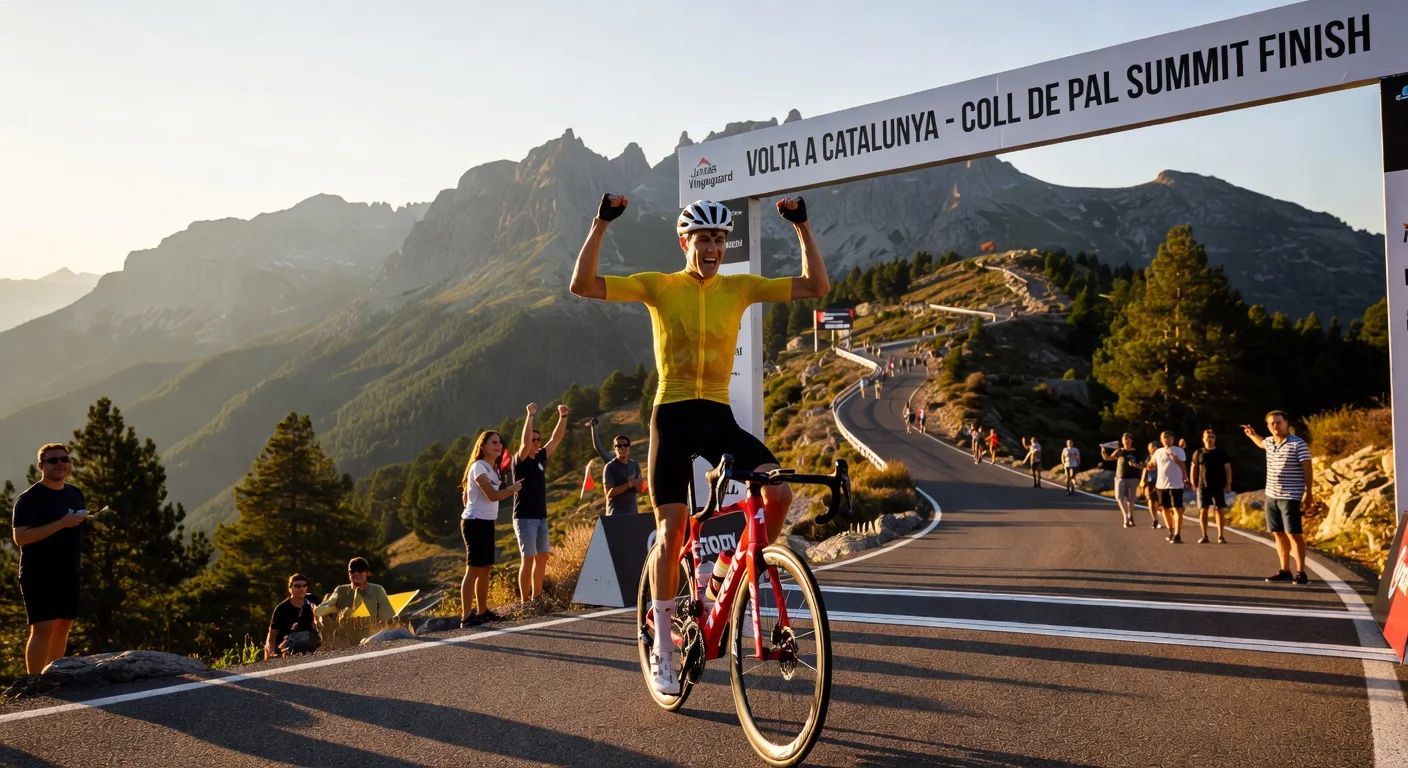 Jonas Vingegaard celebrates solo victory at Coll de Pal, taking leader's jersey in Volta a Catalunya queen stage.