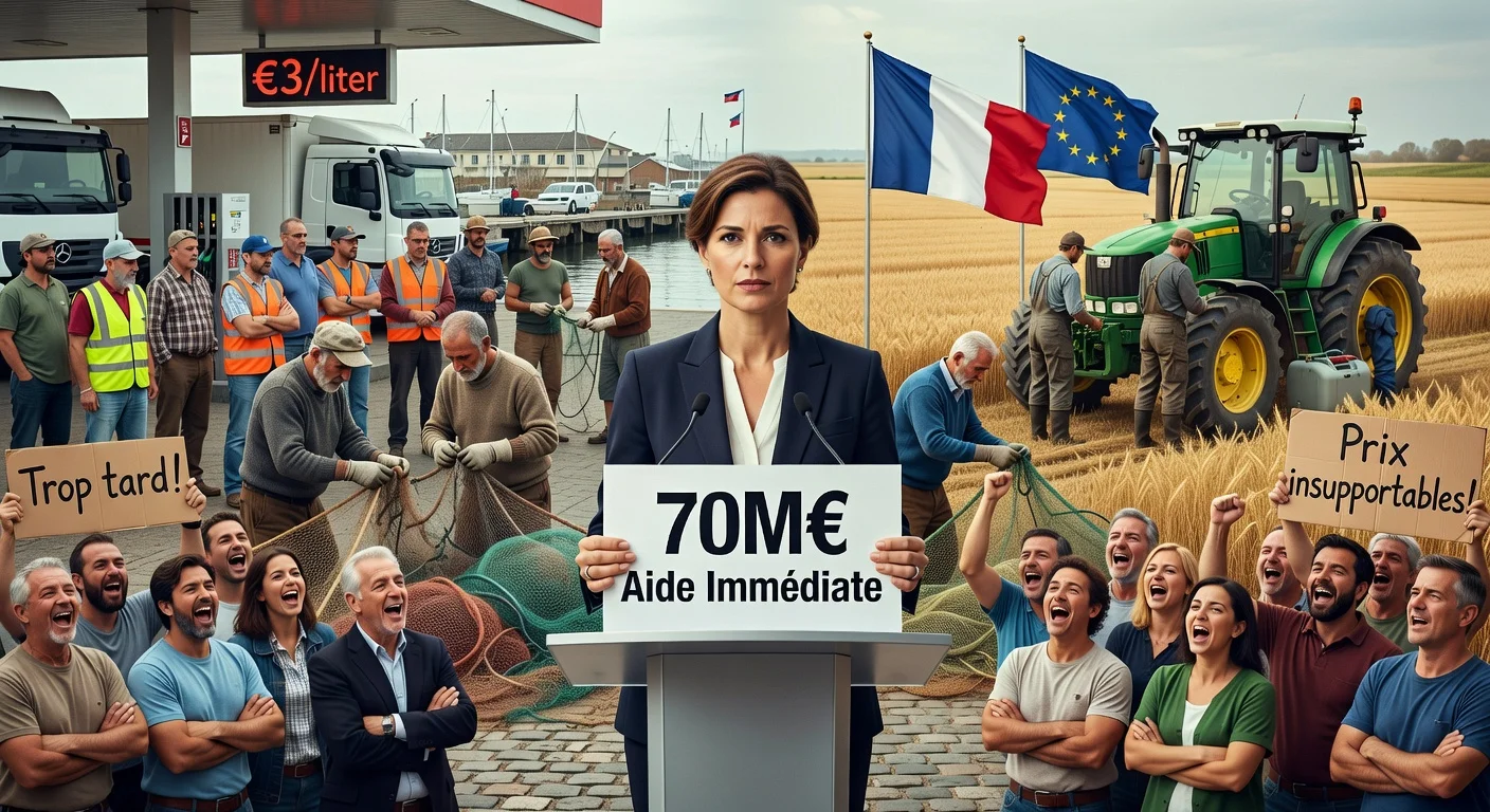 French minister announces €70M aid to transport, fishing, and farming sectors amid fuel crisis; collage of affected workers.