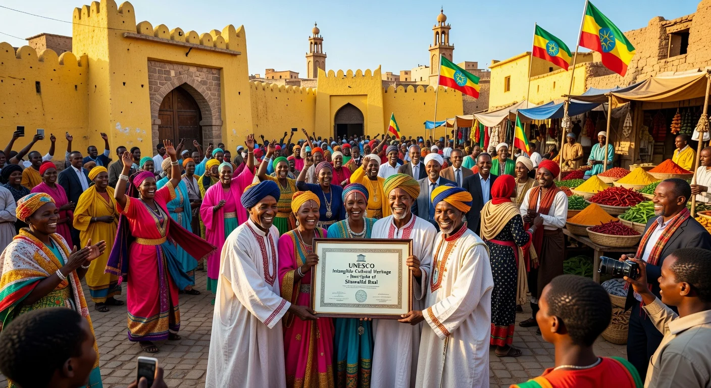 Harari elders and community celebrating UNESCO's inscription of Shuwaliid Baal on the world intangible heritage list in Harar, Ethiopia.