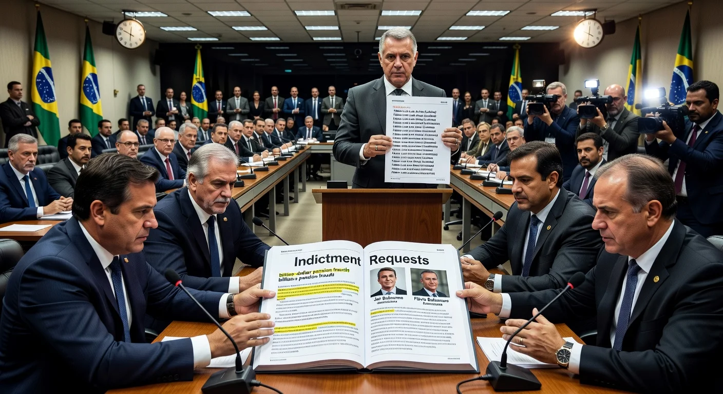 Dramatic illustration of INSS CPMI session with government base presenting report seeking Bolsonaro indictments amid political counter-reports.