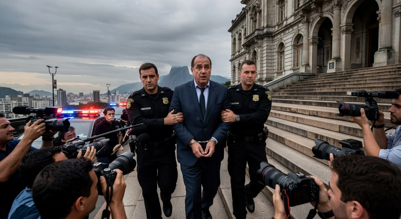 Illustration of former Alerj president Rodrigo Bacellar arrested by Federal Police outside the Rio legislative assembly.