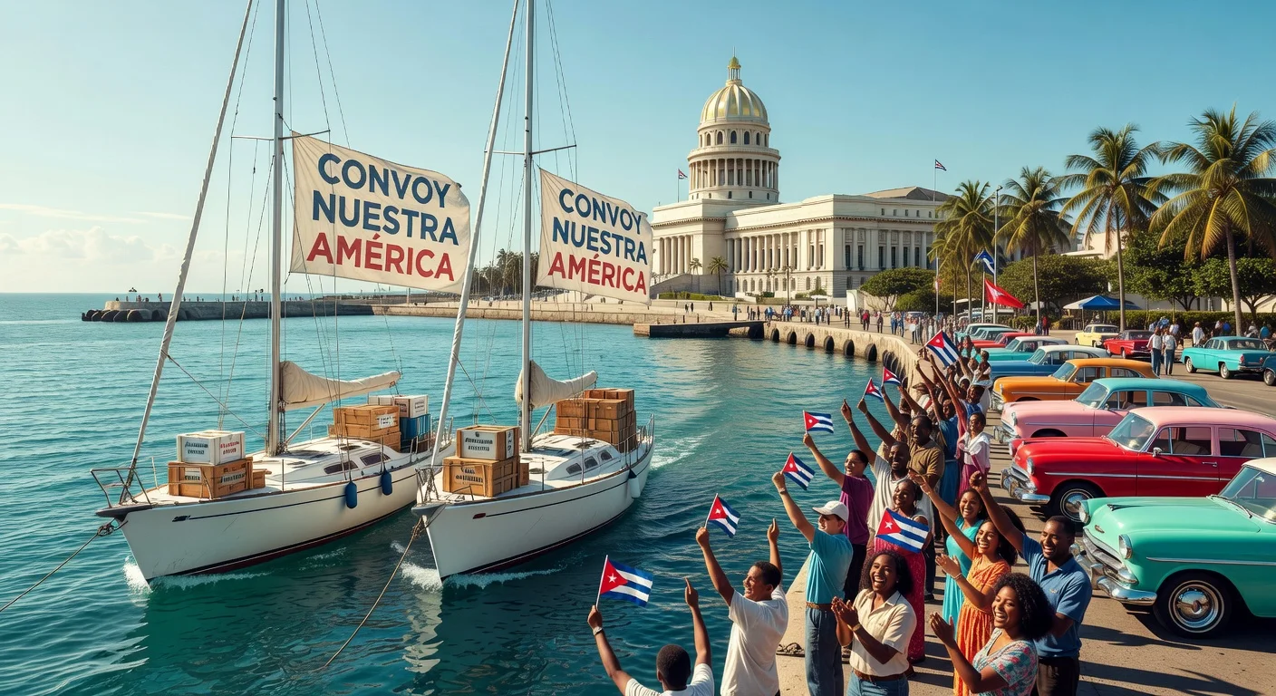 Two sailboats carrying humanitarian aid from Convoy Nuestra América arrive safely in Havana harbor, greeted by locals.
