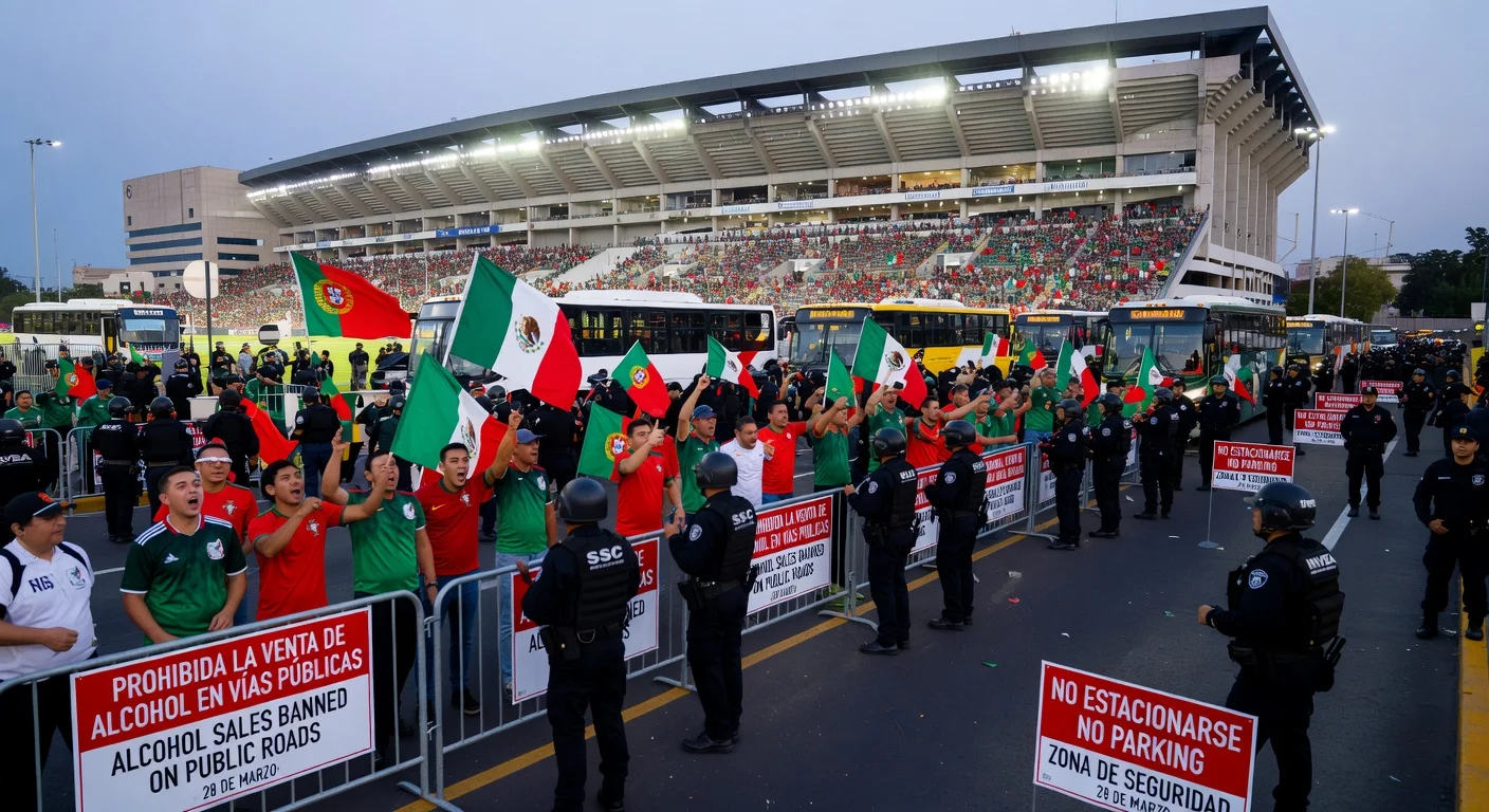 Security personnel and barriers outside Estadio Banorte for Mexico vs Portugal match, with fans arriving by public transport.