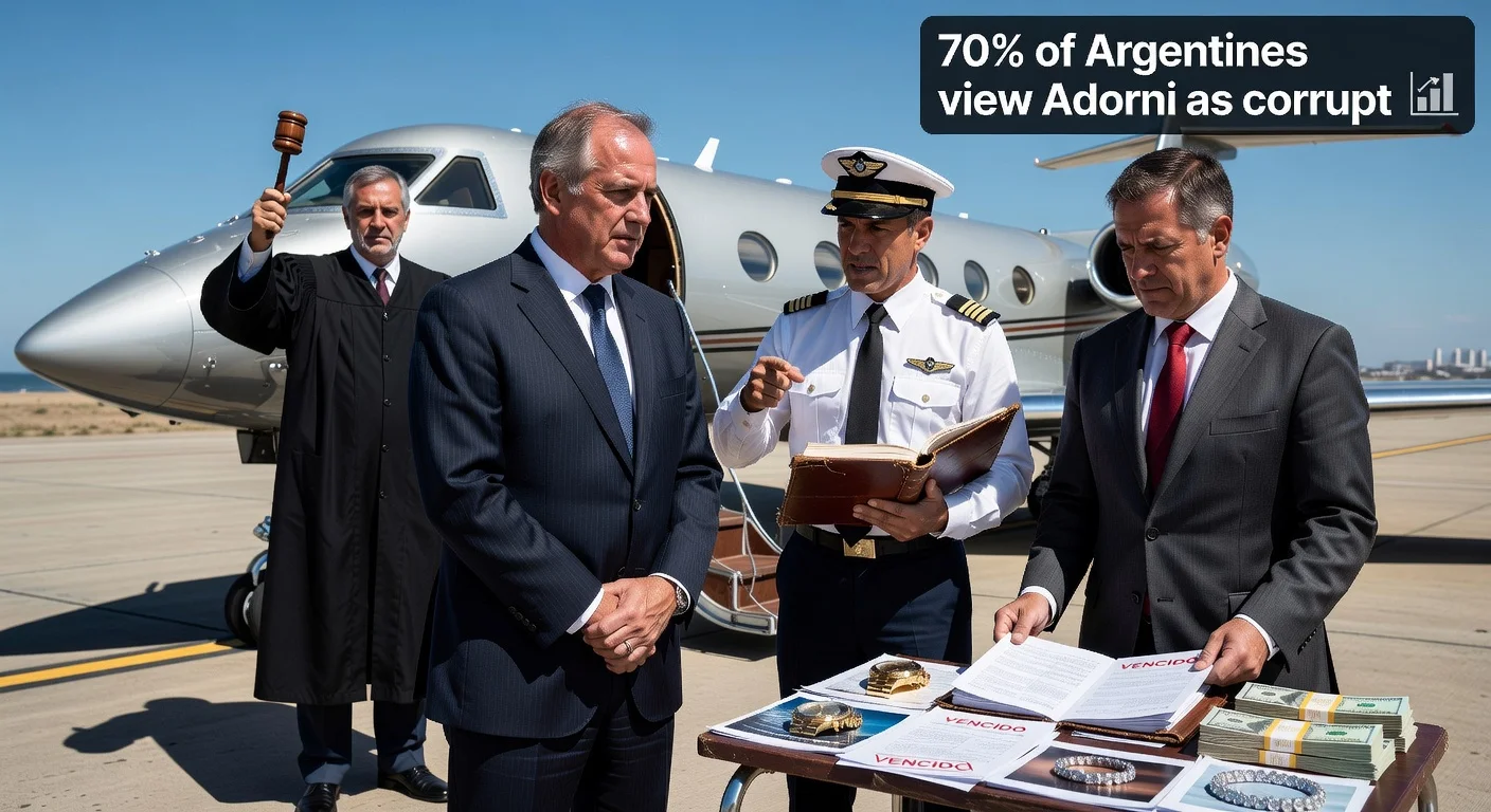 Illustration depicting prosecutor Pollicita probing Adorni's private jet scandal with pilot testimony, asset checks, and public corruption poll.