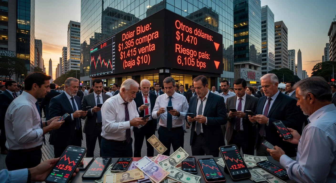 Illustration depicting the decline of Argentina's dollar blue to $1,415 amid high country risk, showing worried traders in Buenos Aires.