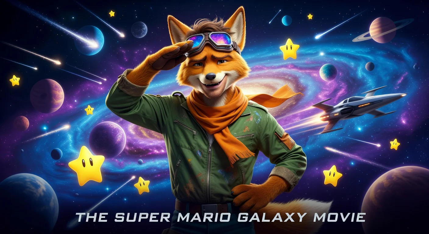 Actor Glen Powell portrayed as Fox McCloud against a Super Mario Galaxy cosmic background, illustrating his casting in the upcoming movie.