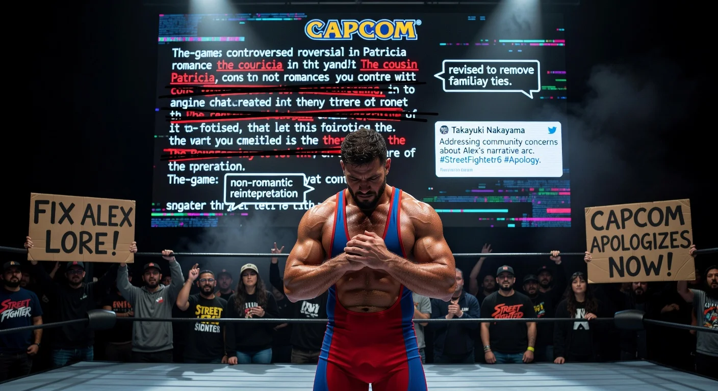 Realistic illustration depicting Street Fighter 6's Alex in an apologetic pose amid backlash over his revised backstory, with correction screens and fan protest signs.