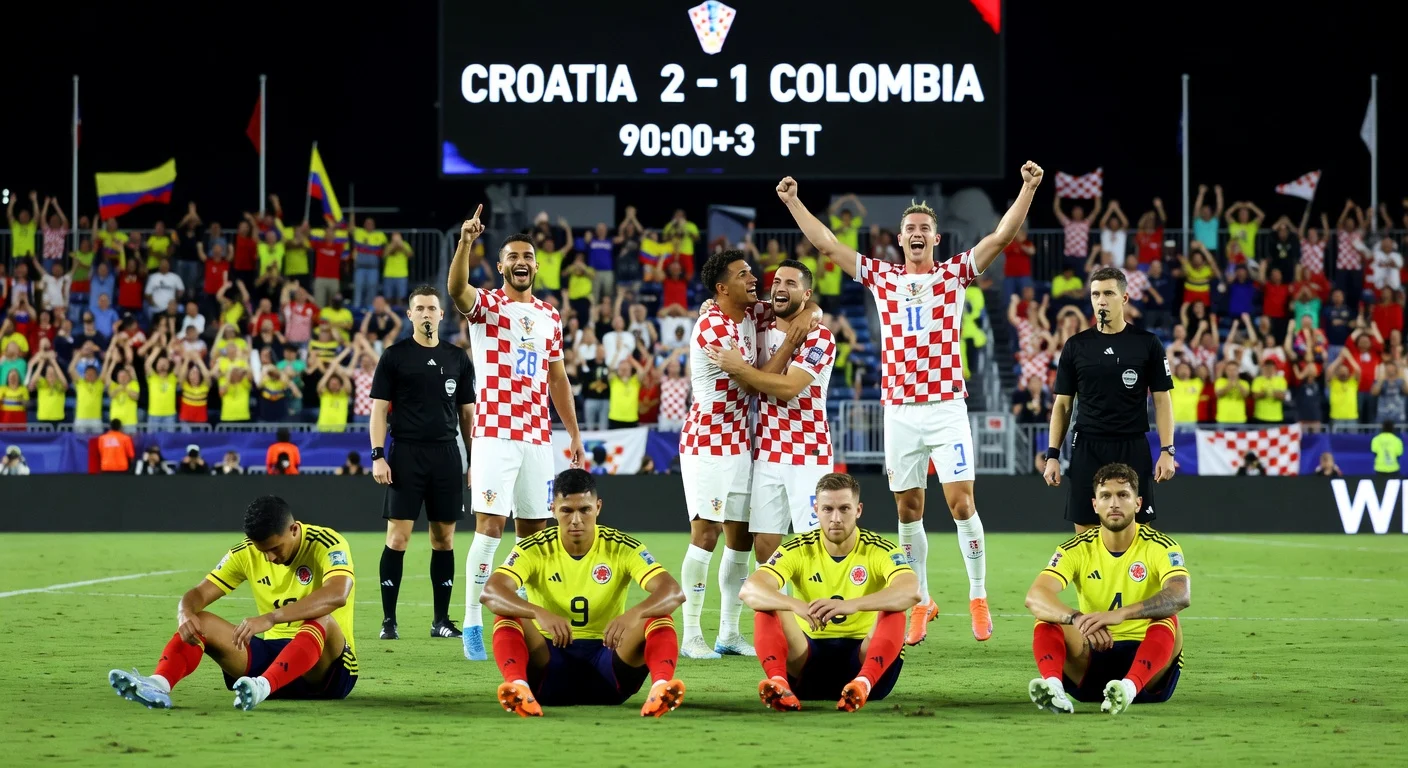 Colombia national football team dejected after 2-1 loss to Croatia in friendly match in Orlando, ending unbeaten streak.