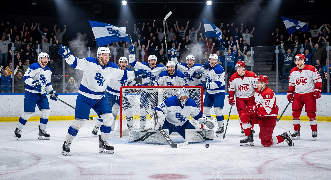 Dramatic ice hockey scene of Kalmar HC goaltender accidentally scoring own-goal, clinching Södertälje SK's semifinal advancement in playoffs.