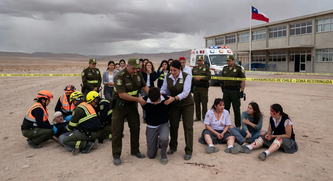 Police detain student after fatal school stabbing in Calama, Chile, with paramedics aiding injured victims in courtyard.