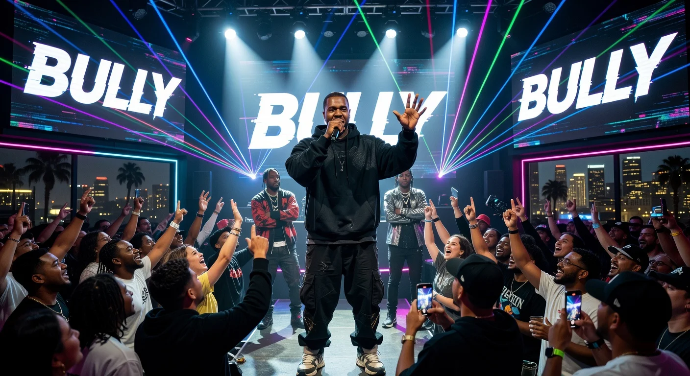 Ye on stage at the 'Bully' album premiere listening party in Los Angeles, with fans and screens displaying the album title.