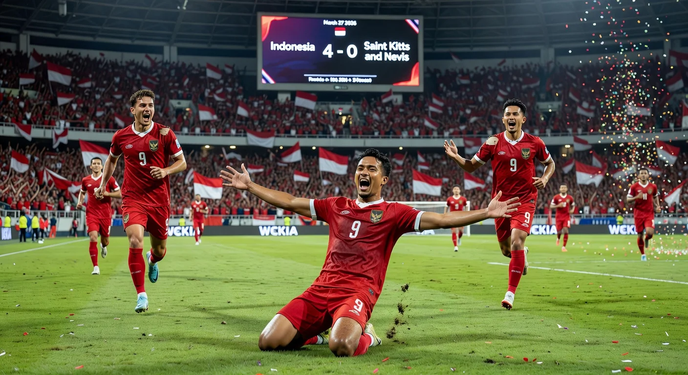 Indonesian players celebrate 4-0 semifinal win over Saint Kitts and Nevis at Gelora Bung Karno Stadium, advancing to FIFA Series final.