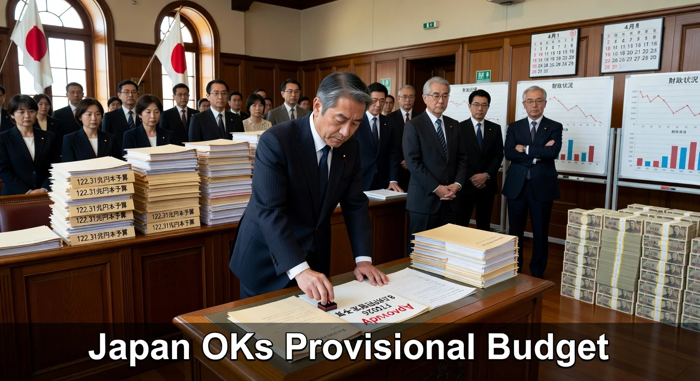 Japanese lawmakers in the Diet approving 8.56 trillion yen stopgap budget amid upper house delays, realistic news illustration.