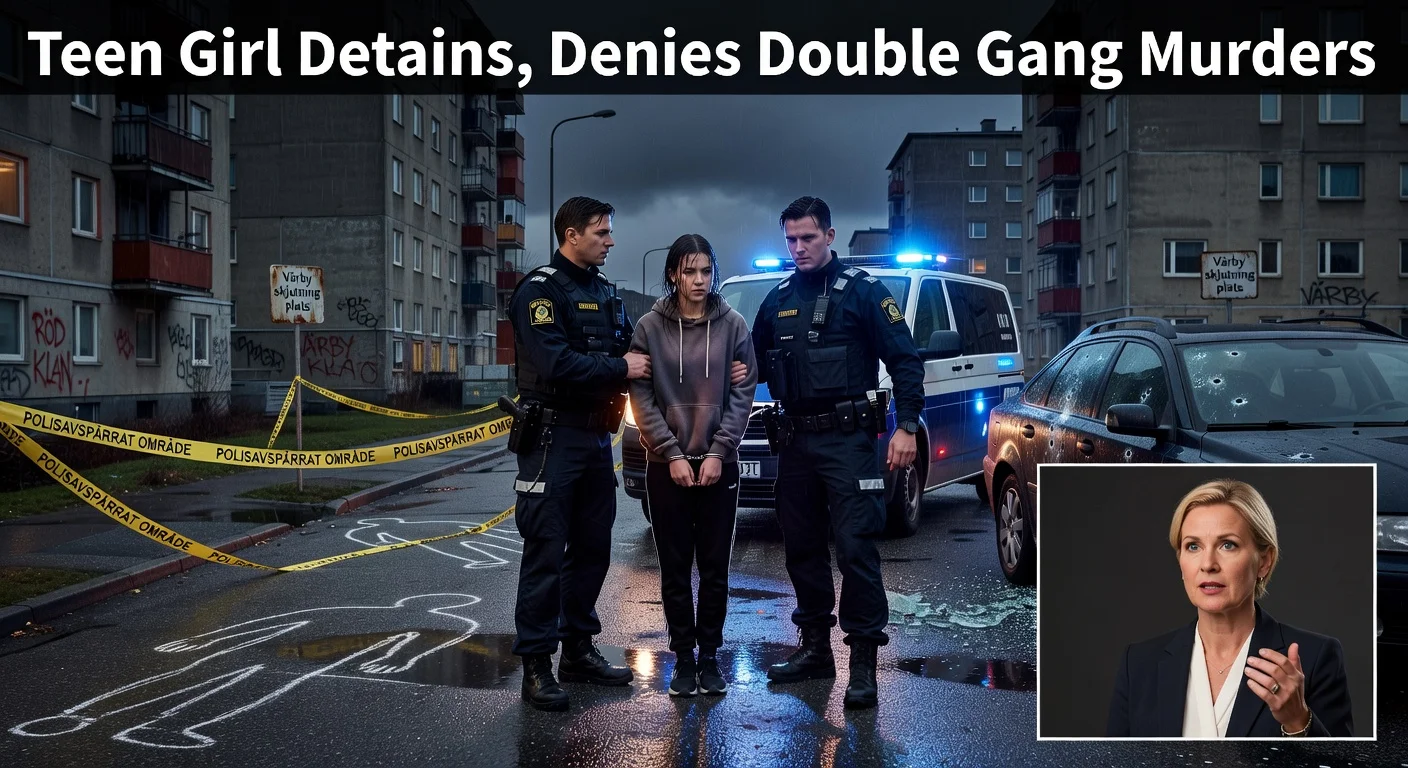 Dramatic illustration of a 15-year-old girl detained by police at a Swedish gang crime scene in Rosengård, evoking double murder investigation.