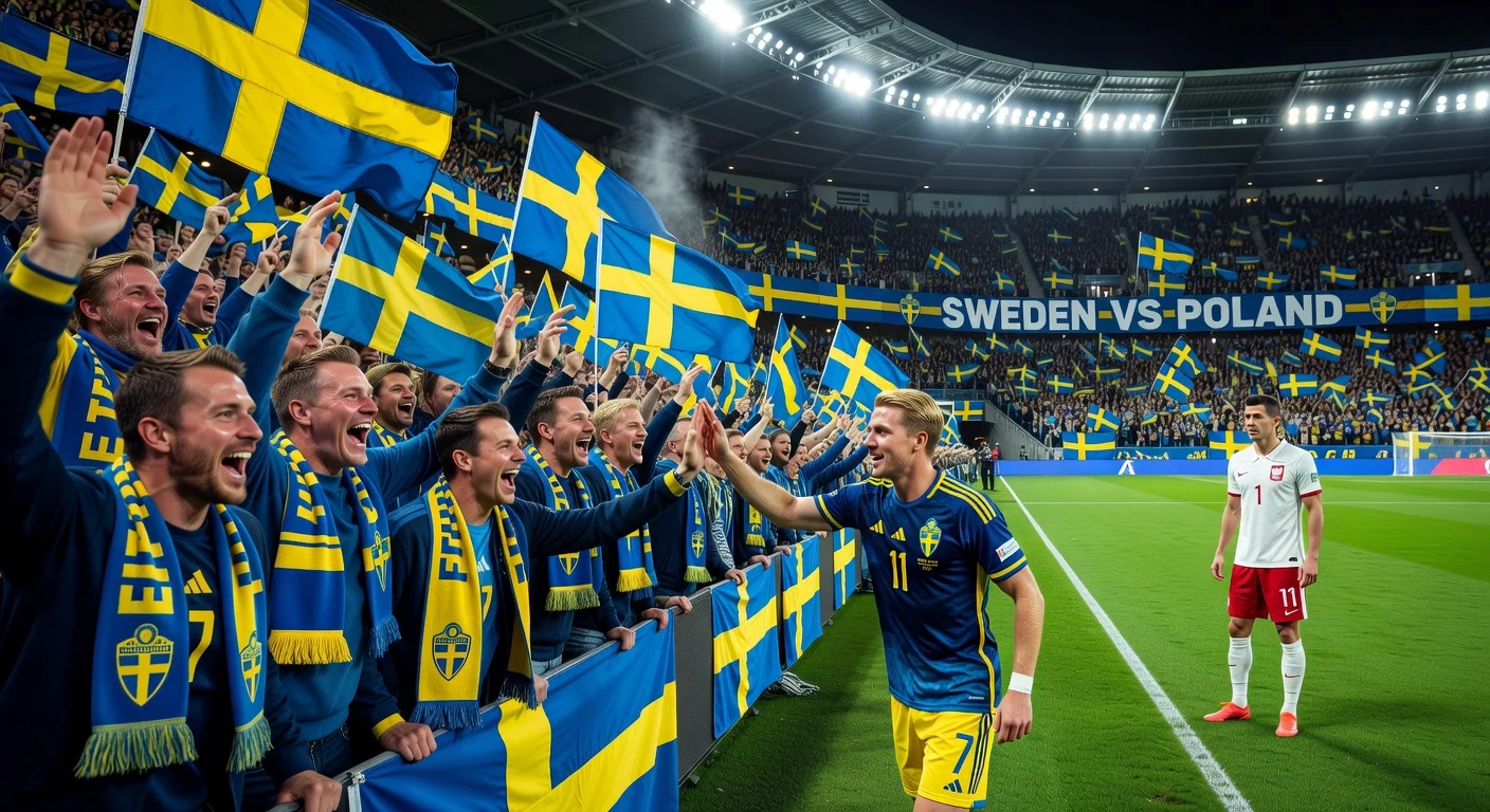 Packed Strawberry Arena buzzing with 49,500 Swedish fans ahead of sold-out World Cup playoff final vs Poland, players hyped on pitch.