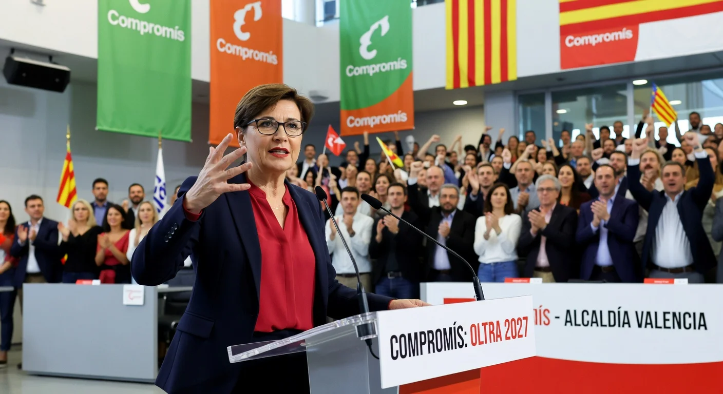 Mónica Oltra announces her candidacy for Valencia mayor at Iniciativa congress amid enthusiastic supporters.