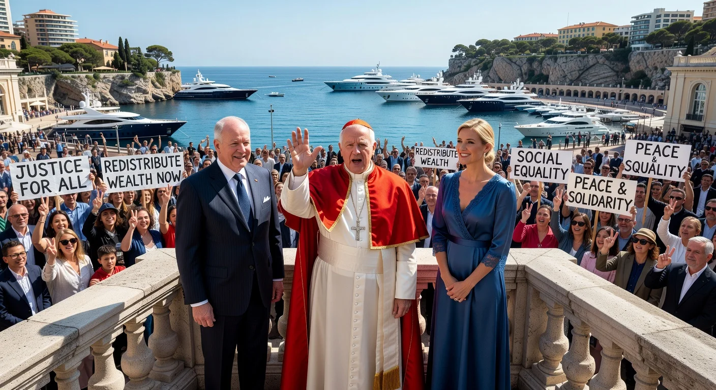 Pope Léon XIV addresses crowd from Monaco palace balcony on inequalities, with Prince Albert II and Princess Charlène.