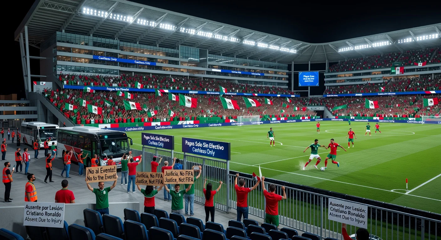 Illustration depicting the remodeled Estadio Banorte stadium during Mexico vs. Portugal friendly, with cheering fans, on-field action, outside protests, arriving buses, cashless signs, and Ronaldo's empty VIP seat.
