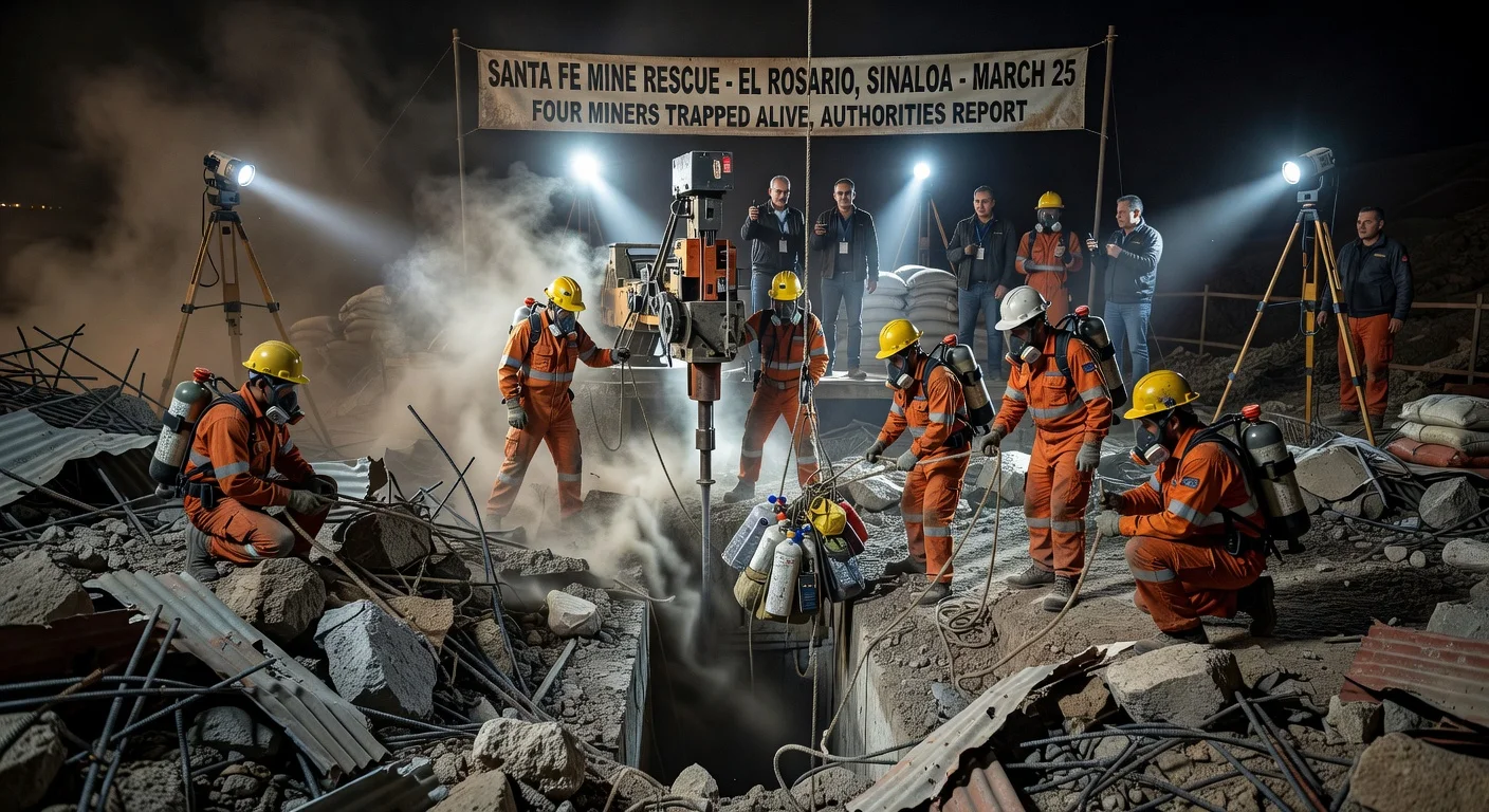 Rescue teams deliver oxygen and water to four alive miners trapped in the collapsed Santa Fe mine in Sinaloa, Mexico.