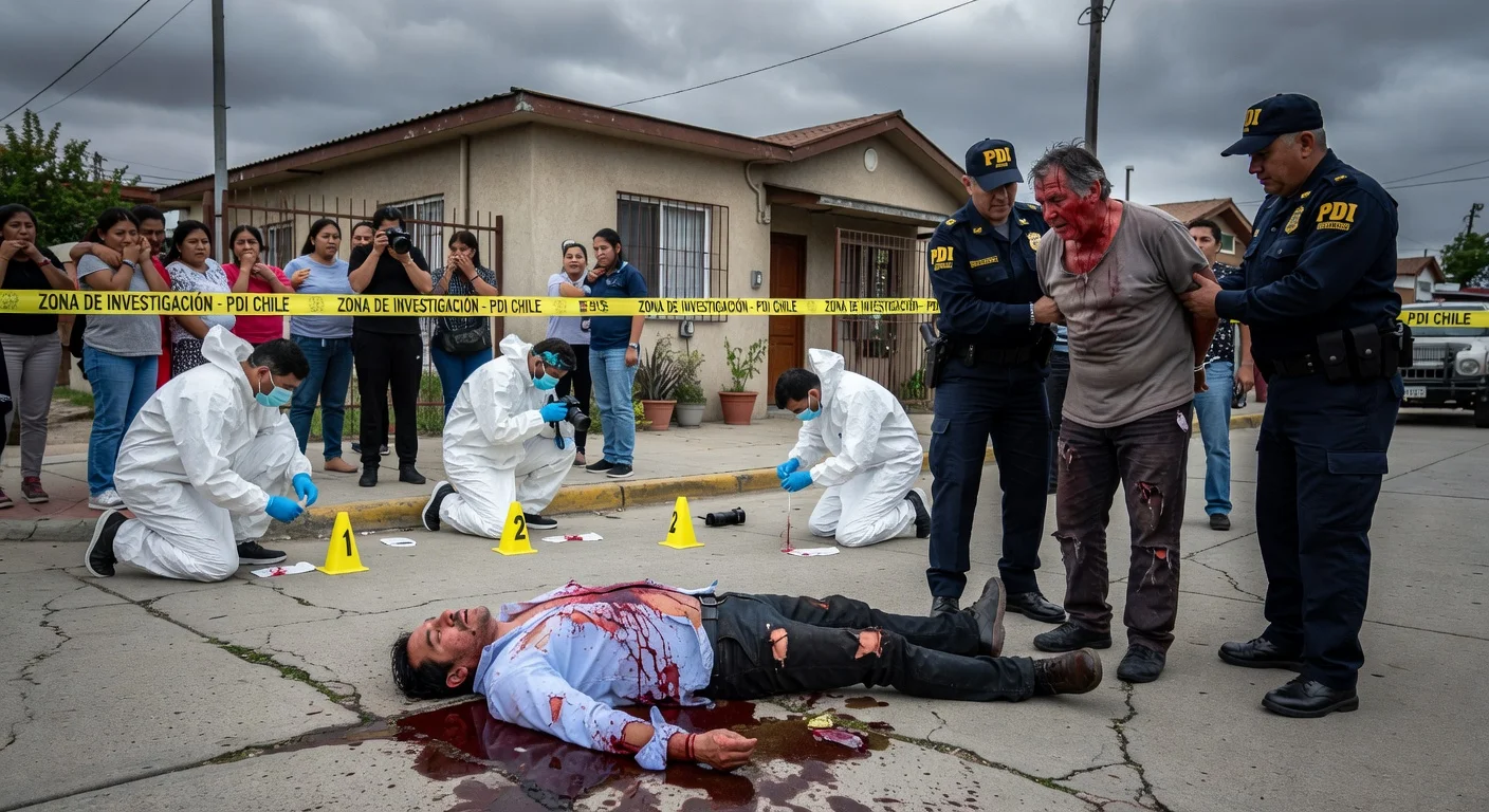 Illustration of Macul crime scene: man stabbed dead by uncle in family dispute, police arrest suspect.