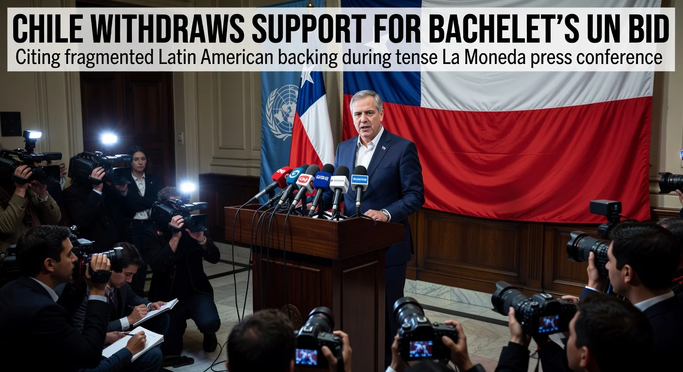 Chilean President José Antonio Kast announces withdrawal of support for Michelle Bachelet's UN candidacy at a press conference.