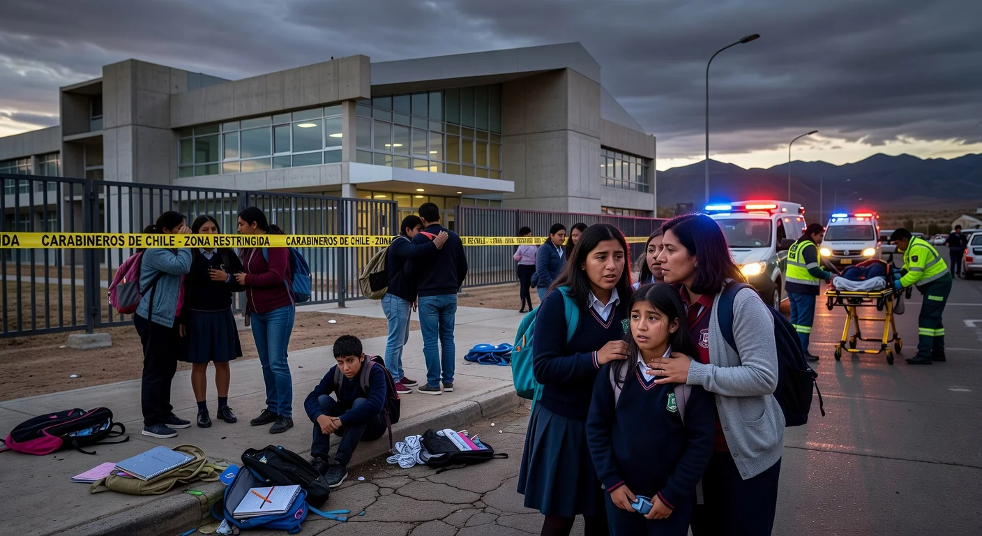 Emergency response scene at Calama school after student stabbing incident, showing police tape, vehicles, and distressed crowd.