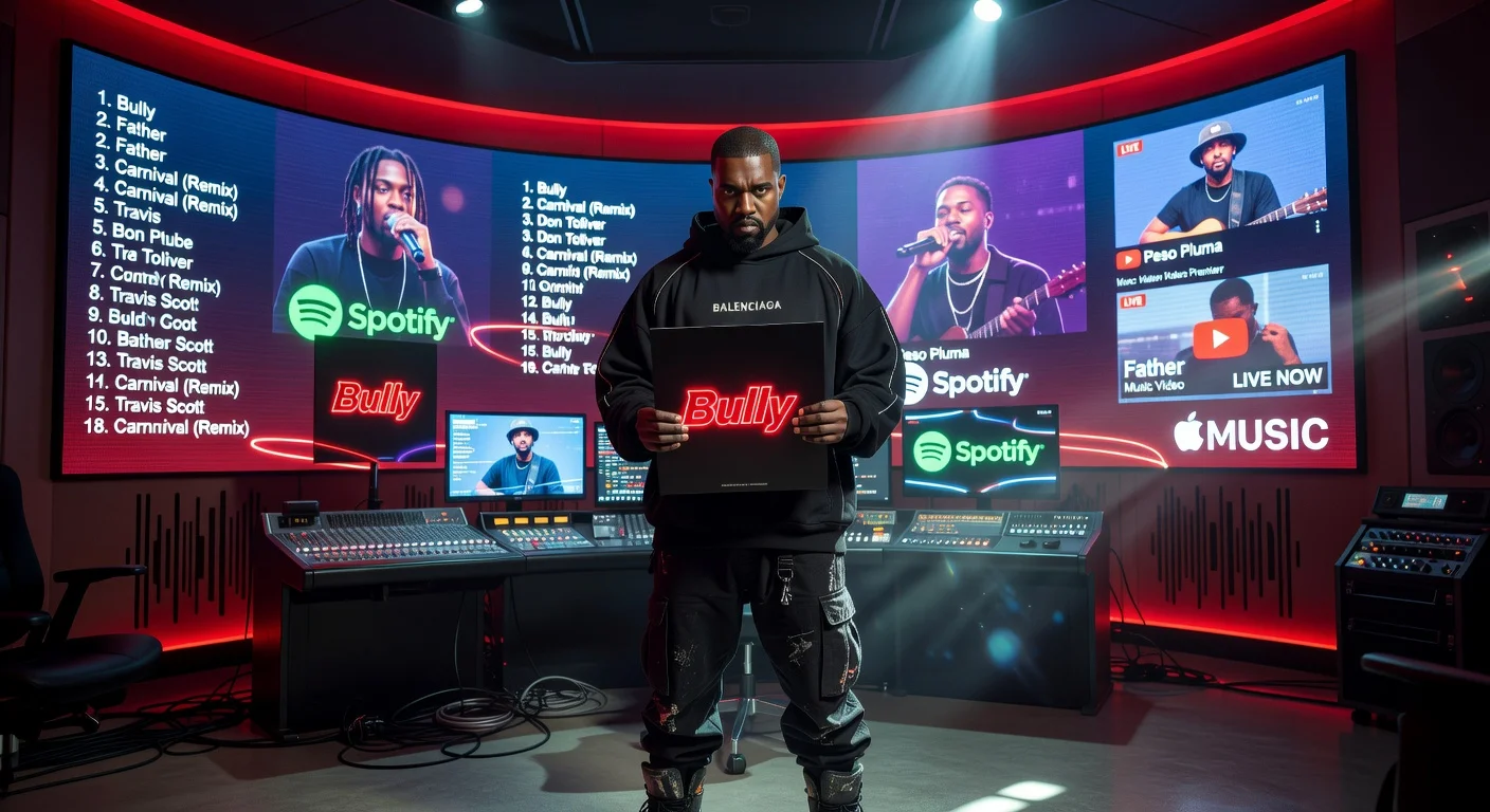 Ye unveils new album 'Bully' and 'Father' video in dramatic studio setting with featured artists.