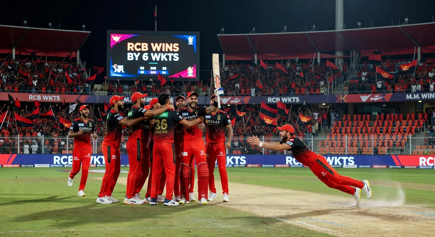 RCB celebrates IPL 2026 opener victory over SRH at Chinnaswamy Stadium, with Virat Kohli's heroics, Phil Salt's catch, and empty seats honoring stampede victims.
