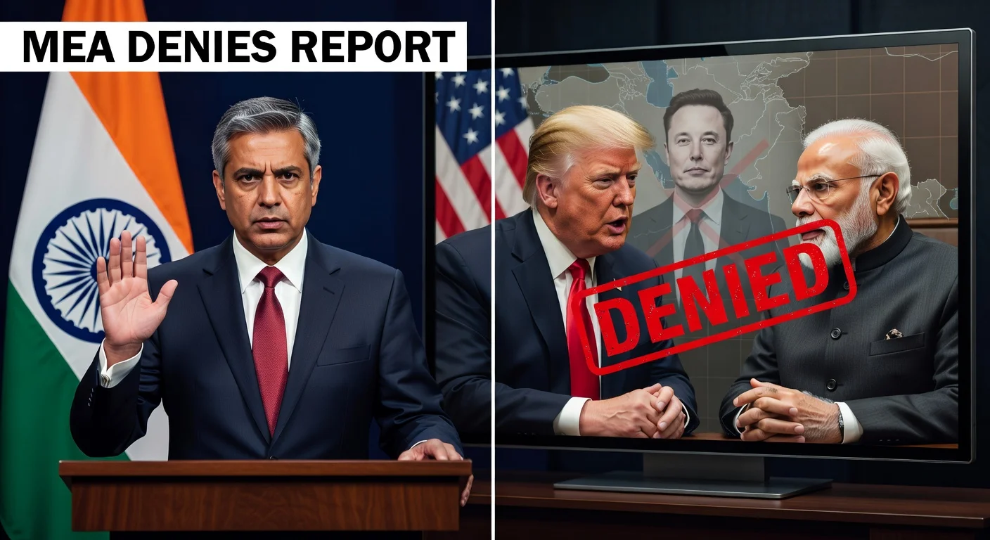 Illustration of Indian official denying Elon Musk's presence in Trump-Modi phone call, with video conference screen showing leaders and faded Musk.