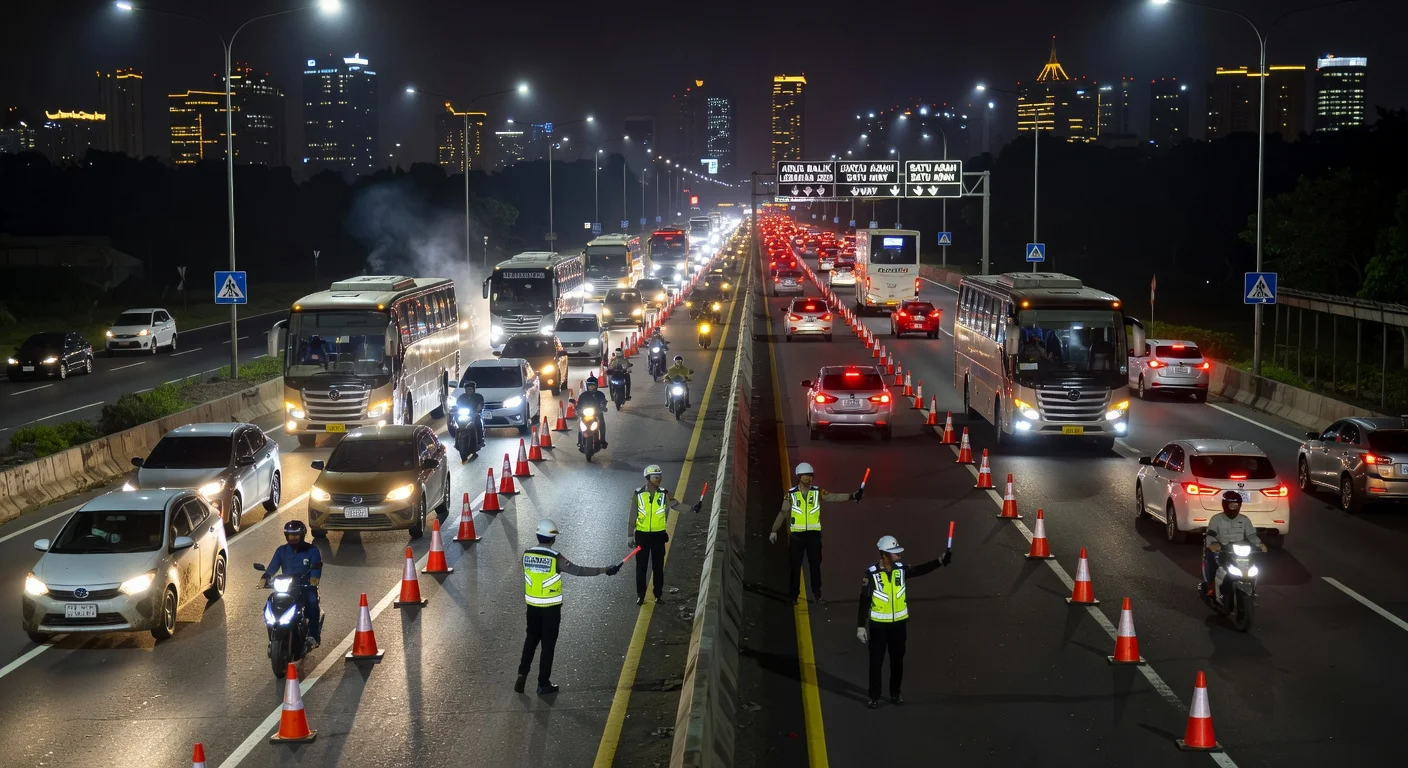Evening highway traffic jam outside Jakarta with police managing Lebaran return flow via contraflows.