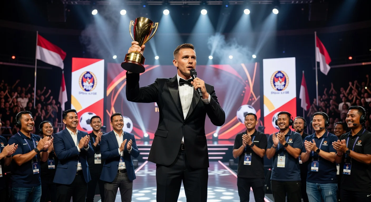 Jay Idzes dedicates his PSSI Men's Player of the Year award to behind-the-scenes workers on stage in Jakarta.