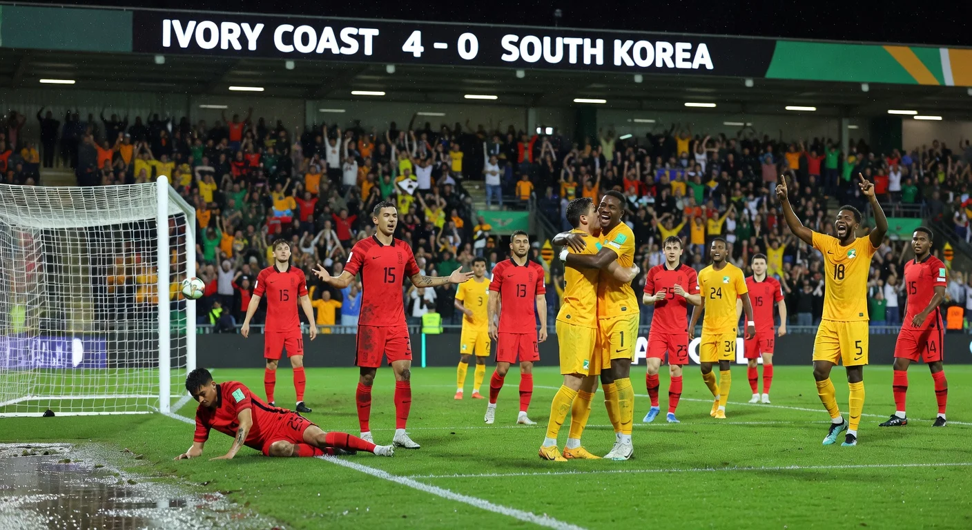 Dejected South Korean soccer players after 4-0 loss to Ivory Coast in World Cup friendly, ball hits woodwork, opponents celebrate.