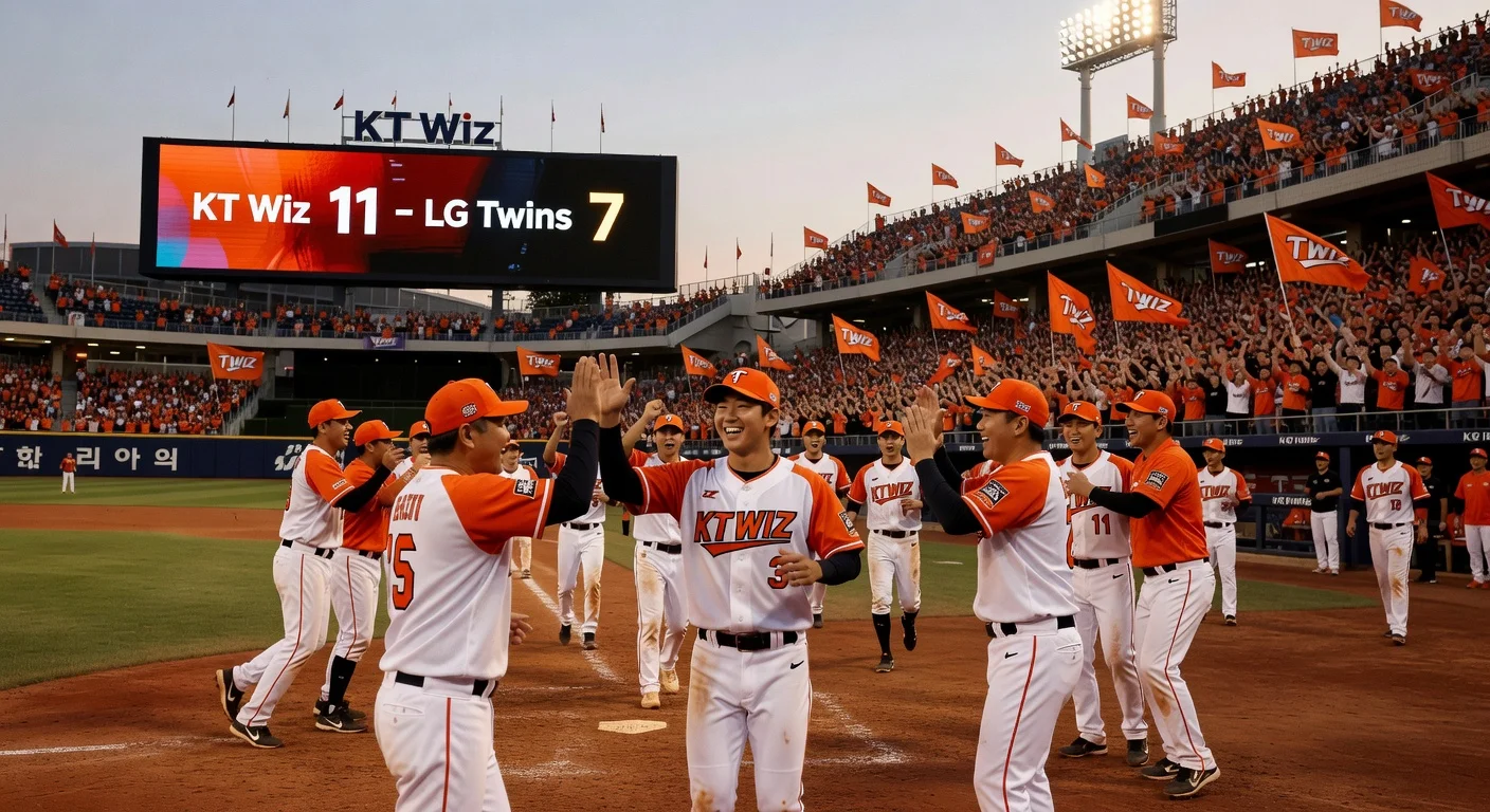 KT Wiz players and rookie Lee Kang-min celebrate 11-7 win over LG Twins in KBO opener at Jamsil Stadium.