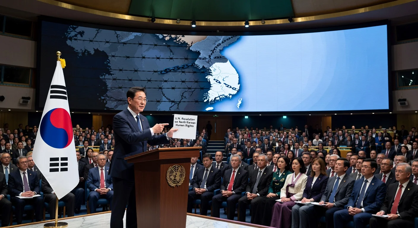 South Korean diplomat at UN podium co-sponsoring resolution on North Korean human rights, with symbolic Korean peninsula imagery.