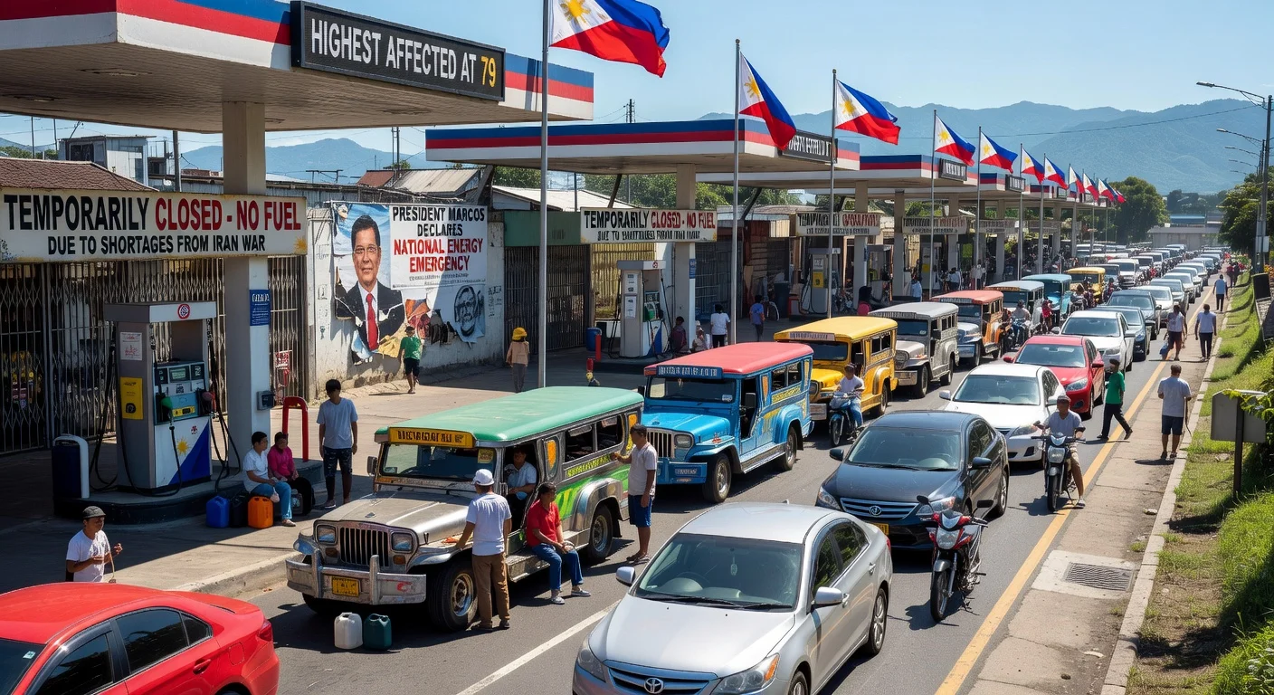 Illustration of long vehicle queues at closed Philippine gas stations during nationwide fuel crisis.