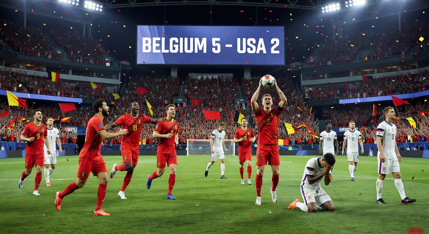 Belgium players celebrate their 5-2 thrashing of the USA in a World Cup friendly at Mercedes-Benz Stadium, with scoreboard and dejected opponents.