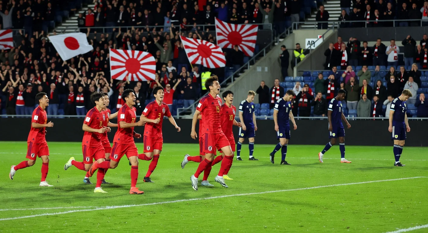 Junya Ito celebrates Japan's 1-0 win over Scotland in World Cup warm-up at Hampden Park.